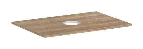 Konsole von Hansgrohe mit mittigem Ausschnitt, geeignet für einen Aufsatzwaschtisch. Oberfläche in Holzoptik, rechteckige Form.